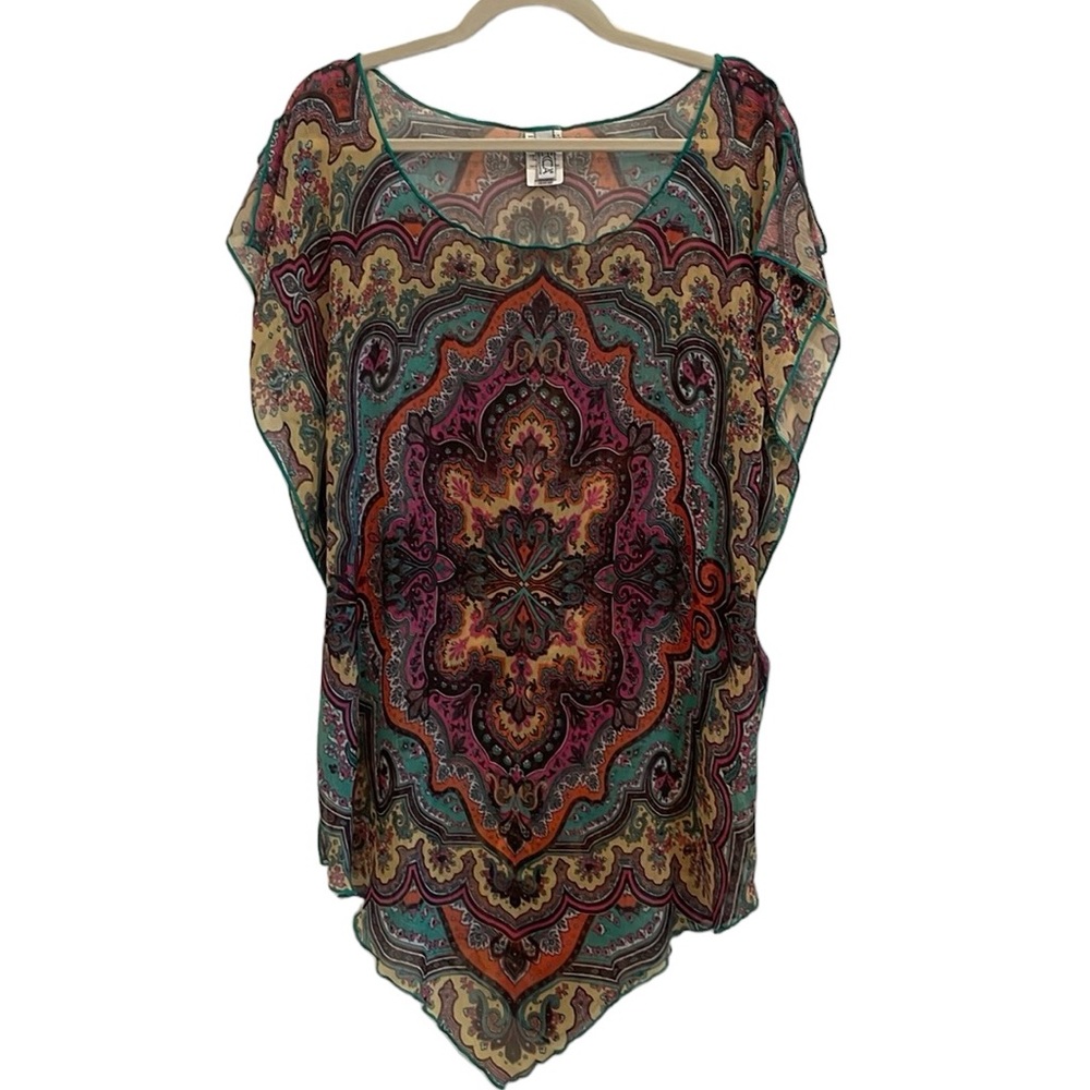 Becca Caftan Sheer Tunic Shirt Blouse Top Yellow Green Flowy Beach Cover XS SP